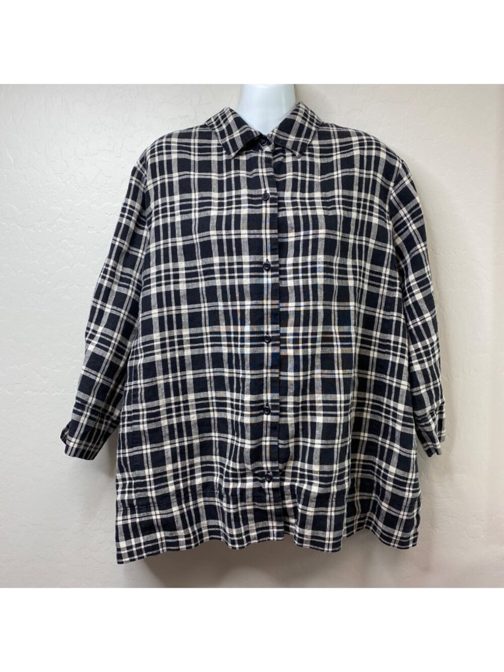 Westbound Woman Essentials Black White Plaid Linen Button-Up Shirt Size 18W